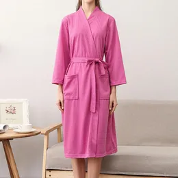 Kvinnors sömnkläder våffla badrockar kvinnor solid midja snörning långärmad sugvatten kimono nattklänningar plus storlek spa badrock m-3xl 2023