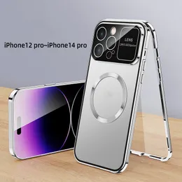 Bolsa de designer de metal liga de alumínio capa magnética para iPhone 15 12 13 14 Pro Max 360° Lente de tela cheia HD Vidro Adsorção Len Capa de proteção