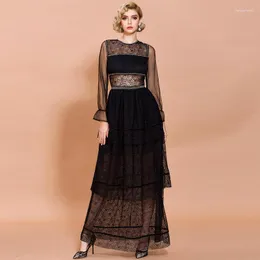 Casual Kleider 2023 Ankunft Schwarz Mesh Kleid Für Frauen O Neck Langarm Spitze Weibliche Mode Elegent