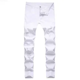 Uomo Uomo Bianco Strappato Skinny Distressed Destroyed Biker Jeans Hole Distressed Zipper Slim Fit Denim Casual Pantaloni maschili Pantaloni L230724