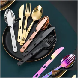 Spoons 3Pcs/Set Combination Spoon Fork Knife Cutlery Set Stainless Steel Mtifunction Lock Catch Outdoor Sport Cam Flatware Tableware H Dhhju