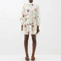 Australian designer dress white lantern sleeve Vivid pattern linen mini dress