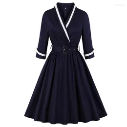 Casual Kleider 3/4 Ärmel Büro Dame Elegante Party Kleid Vintage Wrap Belted Plissee Herbst Baumwolle Tunika Plus Größe 4XL frauen