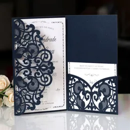 Romantic Dark Navy Spring Flower Glittery Laser Cut Pocket Wedding Invitation Kits Customizable Invites310v
