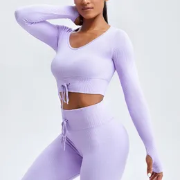 Camicie attive a costine elastico con coulisse manica lunga sport yoga donna senza cuciture morbido scollo a V fitness allenamento crop top con fori per i pollici