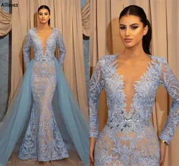 Sobressaias de tule azul empoeiradas femininas vestidos de noite formais com mangas compridas sexy decote em V rendas aplicadas para ocasiões especiais vestidos de baile Dubai árabe túnicas turcas CL2642