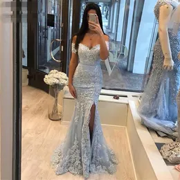 2020 Off Shoulder Light Sky Blue vestidos de baile Sexy Custom Evening Dress Event Sereia Style Appliques Front Split New Special Occa313t