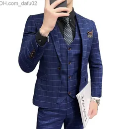 Men's Tracksuits Autumn and Winter New Blue Plaid Tailcoat 3PK Men's Business/Wedding Super Thin Jacket Pant Vest Plus Size S-5XL Come Z230724