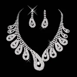 Nuevo conjunto de joyería nupcial de cristal ostentoso barato, collar chapado en plata, pendientes de diamantes, conjuntos de joyería de boda para novia, mujer, nupcial Acc223h