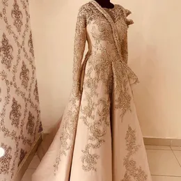 Aso Ebi 2020 Arabisch Muslim Spitze Perlen Abendkleider Lange Ärmel Prom Kleider Sexy Gold Formale Party Zweite Empfang Kleider ZJ3235Y