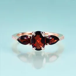 Cluster Rings GEM'S BEAUTY Natural Garnet Rose Gold Filled 925 Sterling Silver Three-Stone Pear Cut Petite Engagement Ring For Woman