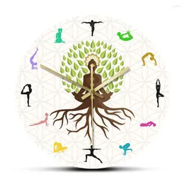 Väggklockor lotus posera träd dekorativ klocka naturlig energi för meditation konst yogastudio av liv färgglada tryck