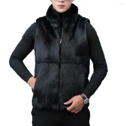 男性のベスト本物の毛皮のベストウエストコート冬の温かいコートジャケットポケット厚いジレットブラック