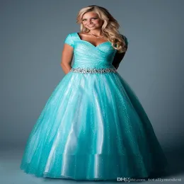 Teal Ball Gown Modest Prom Dresses With Cap Sleeves Long Floor Length Crystals Ruched Sparkly Teens Modest Formal Party Dresses Sh222x
