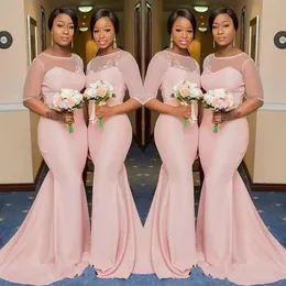 2022 Blush Pink Sheer Jewel Neck Bridesmaid Dresses 12 Sleeve Mermaid golvlängd Black Girls Maid of Honor Gown Wedding Guest Dr189b