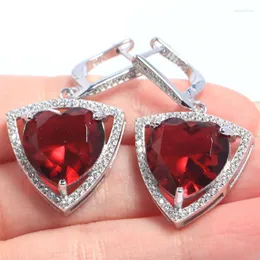 Dangle Earrings 40x22mm High Trendy Polished Shiny Heart Shape Pink Raspberry Rhodolite Garnet White CZ 925 Solid Sterling Silver