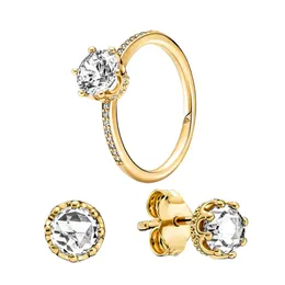 Goldene Krone Ohrstecker Ring Set für Pandora Luxus Kristall Diamant Party Schmuck für Frauen Hochwertige Designer Gold Ringe Ohrring Set mit Originalverpackung