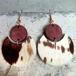 Dangle Earrings Boho Chic Leopard Cow Print Wood Cork Leather Packs Double Circle for Women | Neutral |宝石の耳のアクセサリー