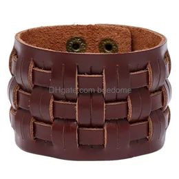 Bangle Knit Motorcykel Wide Cross Leather Cuff Mtilayer Wrap -knapp Justerbar armband Wristand för män Kvinnor Fashion Jewelry Drop de Dh9ki