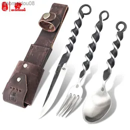 HX Outdoors Outdoor Kitchen Forging Knife Fork Spoon Three in-One Set Spoon Fork Picnic Paricible Table Tabling Equipment L230704