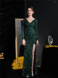 Party Dresses 2023 Autumn Winter Long Night Green Sleeved Sequins V Neck High Slit Women's Maxi Evening Proms Gowns Robes