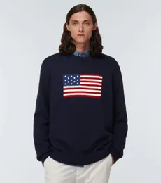 미국 Designermen의 뜨개질 스웨터 폴로 2023 미국의 겨울 해군 블루 깃발 라운드 넥 면화 레트로 패션 캐주얼 스웨터