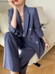 Dwuczęściowe spodnie damskie Suit Circle Circle do biura damskiego 2023 Koreańska moda Nowa długie rękawy podwójny przycisk niestandardowy płaszcz+zestaw spodni z wysokim pasa Z230724