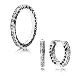 Pave Heart Hoop Earrings and RING Set for Pandora Real 925 Sterling Silver designer Jewelry For Women Men Couple Gift Rings Earring with Original Box High quality