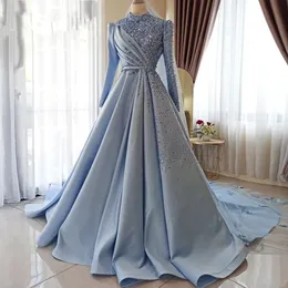 Elegant Satin Muslim Prom Dress 2023 High Neck Long Sleeves A-line Beads Sequin Evening Gowns Blue Pink Women Formal Dresses Robe De Soiree Customed