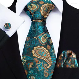 Bow Ties Fashion Brand Nice Handmade 8cm Silk Tie Handkerchief Cufflinks Set For Men Necktie Green Paisley Shirt Accessories Lover's Day