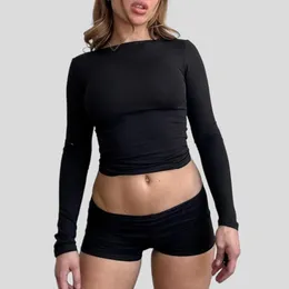 Agasalhos femininos Xingqing Top e shorts Conjunto Y2K Estético Feminino Casual Cor Sólida Calça Crop de Manga Longa Roupas Fitness Streetwear