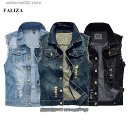 Mäns västar Faliza Mens denim västar rippade ärmlösa jeansjacka Men Waistcoats Cotton Gilet Tank West Cowboy Hip Hop Streetwear MDJ07 T230724