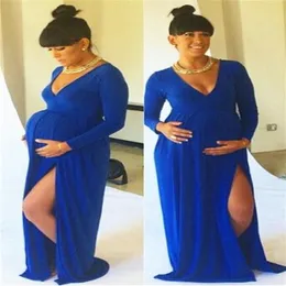 Elegant Latest Sexy Maternity Dresses with Side Slit V-neck Royal Blue Baby Shower Long Sleeve Pregnant Dress Pregnant Evening Gow308b