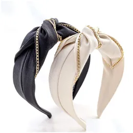 Headbands Fashion Street Girls Headband Women Soft Cloth Hairband Gold Alloy Chain Headwear Wide Side Solid Head Band Autumn Hair Accessorie