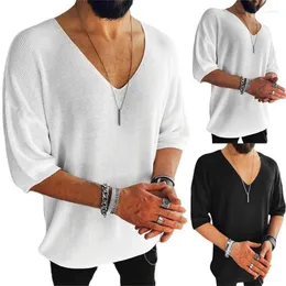 Blusas Masculinas Suéter de Malha Casual de Verão Meia Manga Decote em V Suéteres Sólidos Tops Moda Masculino Slim Fit Masculino Streetwear