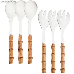 Natural Bamboo 6pcs Silver Cutlery Set Kitchen Condervis Vintage Servering Forks Spoons FLAMPOWER ROINTLESS STÅL TABELEWARE SET L230704