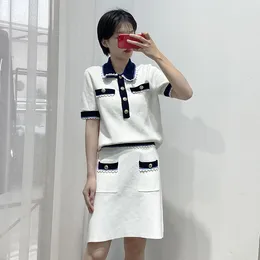 New m-aje White Polo Lace Collar Top de manga corta + A-line Media falda Set Falda