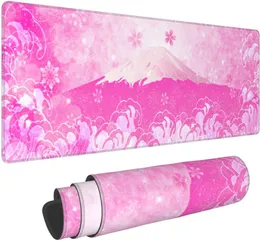 Japanische Wellen-Rosa-Kirschblüten-Mauspad, XL, großes, rutschfestes Gummi-Mauspad, genähte Kanten, Schreibtischunterlage, Mäusepad, 80 x 30 cm