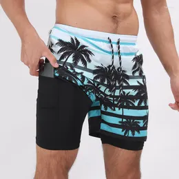 Pantalones cortos para correr de verano 2023 para hombre, informales, para deportes de playa, estampados de doble capa, antideslumbrantes, de talla grande, cruzados