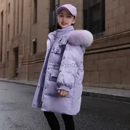 Casaco de penas para meninas Jaqueta de penas fashion parka inverno grosso quente com capuz roupas infantis para adolescentes casaco de comprimento médio com gola de pele grande 4-12 Y HKD230725