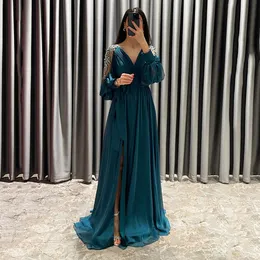 Ny marinblå kvinnokvällsklänning 2023 Långa ärmar V-ringade pärlor Lace Split prom Formella partyklänningar Robe de Soiree Vestido Largo