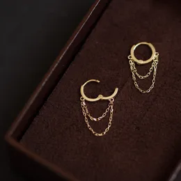 Hoop Huggie GOLDtutu Style 9k Solid Gold Tassel Chain Double Dangle Drop Earring Jewelry Minimal Bride Bridesmaid Shinning Gift 230724