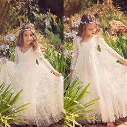 2020 Vintage Flower Girl Dresses For Boho Weddings White Long Sleeve Sheer Back Princess Kids First Communion Clows Cheap Floor LE250W