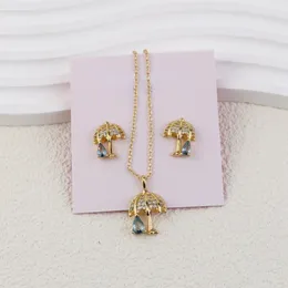 Orecchini a bottone da donna alla moda e collana con diamanti intarsiati a forma di ombrello romantico Orecchini a goccia d'acqua con zirconi blu Catena della clavicola