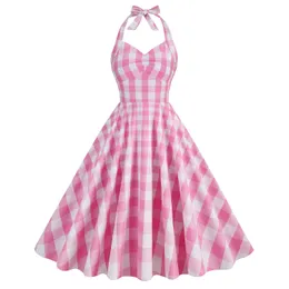 Rosa kariertes Ingrid Barbie-Kleid aus Baumwolle im Hepburn-Stil mit hohem Bund, schmalem hängendem Ausschnitt und weitem Swing-Kleid in mittlerer Länge