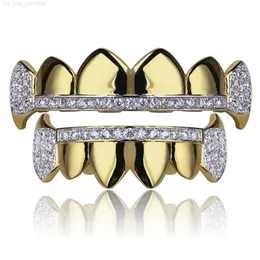 Grillz Dental Grillz 18K Real Gold Teeth Grillz Caps Iced Out Top Bottom Vampire Fangs Dental Grill Set Wholesale