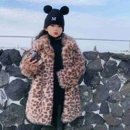 Abrigo de plumón de piel de zorro abrigo con estampado de leopardo abrigo largo de piel para niños 2022 abrigo de piel de imitación para niños abrigo de solapa grueso medio largo HKD230725