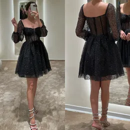 Littke Black Cocktail Dress Square Neck Long Sleeves Short prom dresses Bone Bodice Sequins Beads Glitter mini party homecoming Special Occasion dress