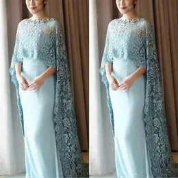 Vestidos de madre de la novia estilo capa de encaje azul claro gasa hasta el suelo vestido de graduación vestidos de noche hechos a medida Vestidos323S