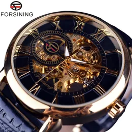 Armbanduhren Forsining 3D Design Hohlgravur Schwarz Goldenes Gehäuse Leder Skelett Mechanische Uhren Männer Luxusmarke Heren Horloge 230724